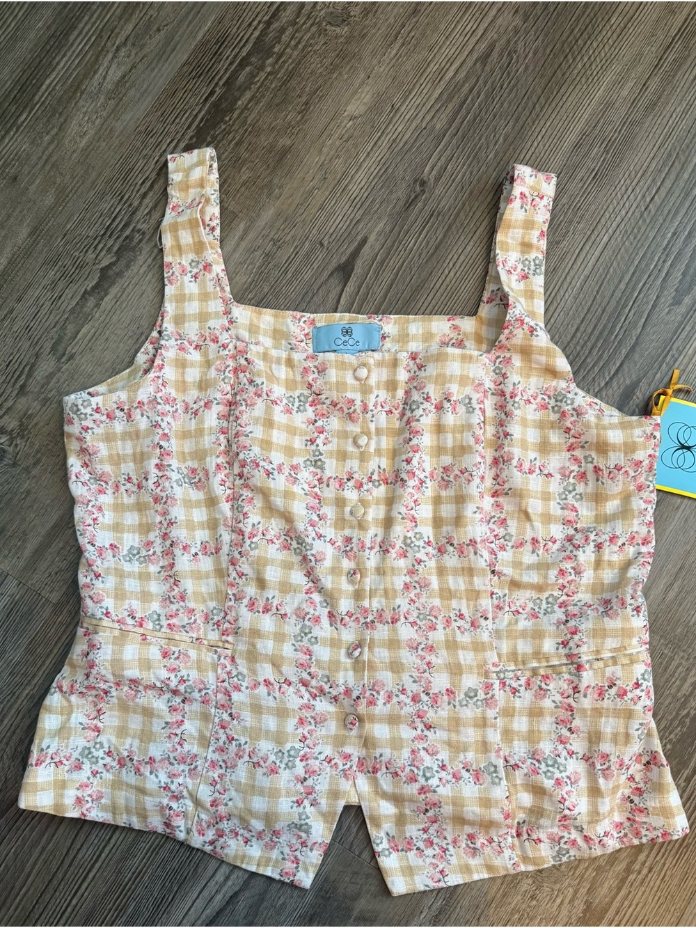 CeCe Yellow Plaid Floral Button-Front Tank Top